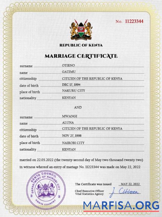 Realistic Kenya marriage certificate PSD template